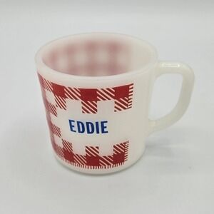 Vintage WESTFIELD Red White Plaid Gingham Coffee Mug, Eddie MCM, Milk‎ Glass
